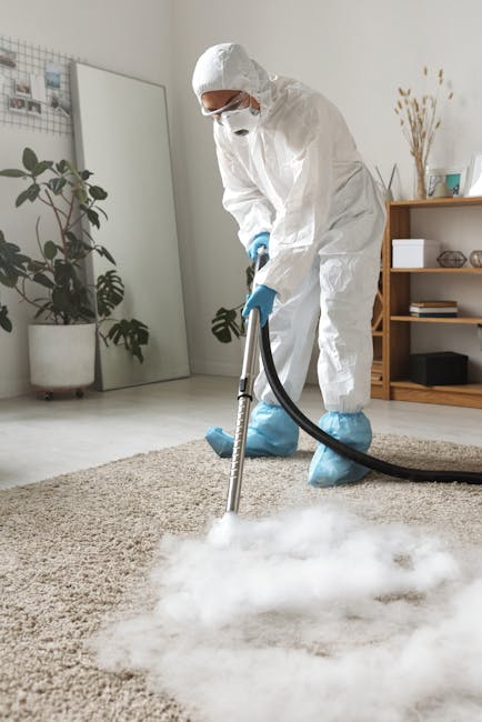 A woman with curly hair wearing a beige jacket and dark jeans is engaged in surface cleaning with a vacuum cleaner on a patterned area rug in a living room. The room features wooden flooring around th